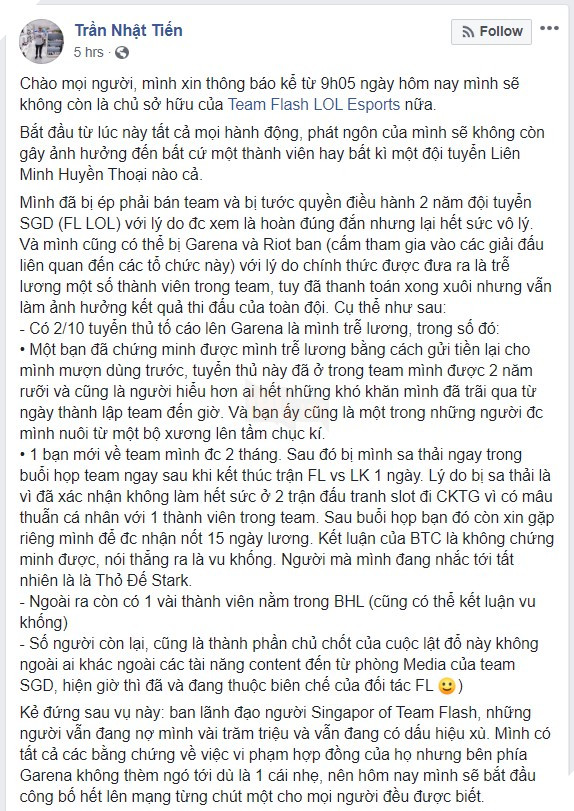 LMHT: Cựu chủ quản Team Flash khẳng định không nợ lương tuyển thủ, Cây ngay không sợ chết đứng 