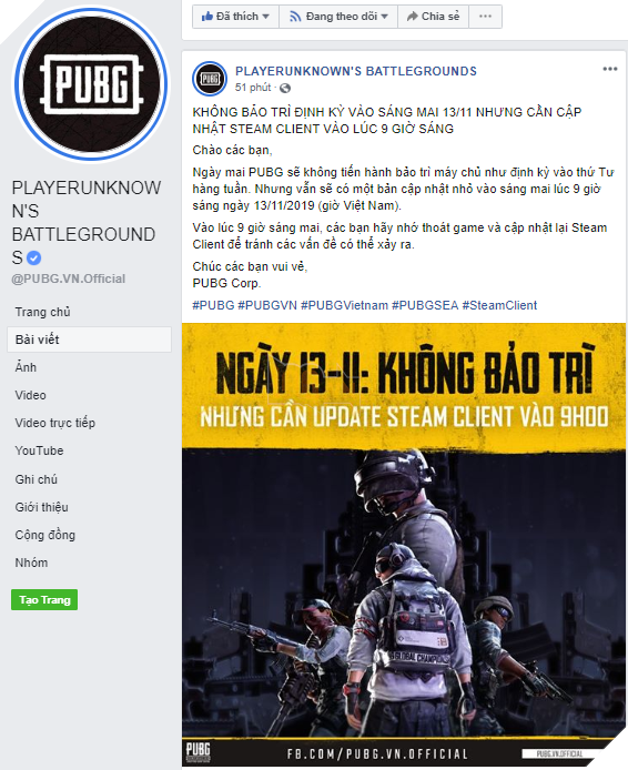 PUBG PC: Thông báo không bảo trì định kỳ vào sáng ngày 13.11.2019 2