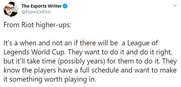 Riot Games hé lộ về ý định tổ chức giải đấu World Cup của riêng LMHT trong tương lai không xa