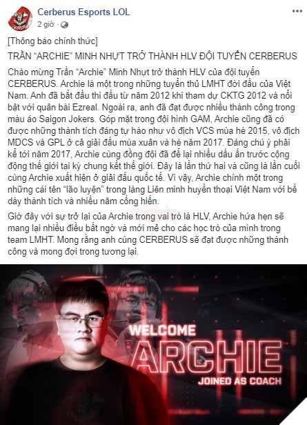 LMHT: Archie bất ngờ trở thành HLV của CERBERUS Esports sau một khoảng thời gian dài nghỉ ngơi 2