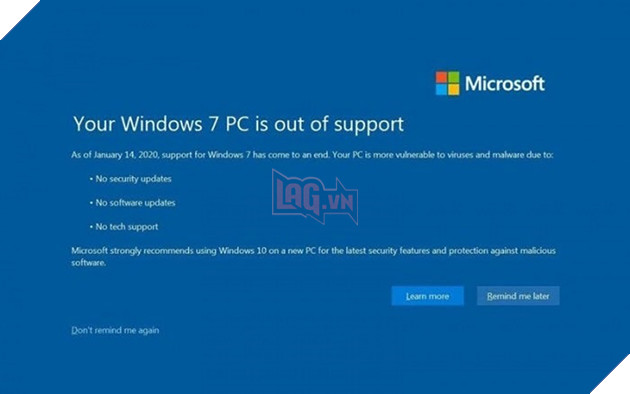 Hệ điều hành Windows 7 sẽ ngưng được hổ trợ giữa tháng 1 năm 2020