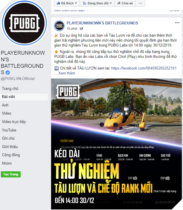 PUBG PC: Thời gian thử nghiệm Tàu lượn trên PUBG Labs được gia hạn, cho phép game thủ có thêm thời gian trải nghiệm dài hơn dự kiến 2