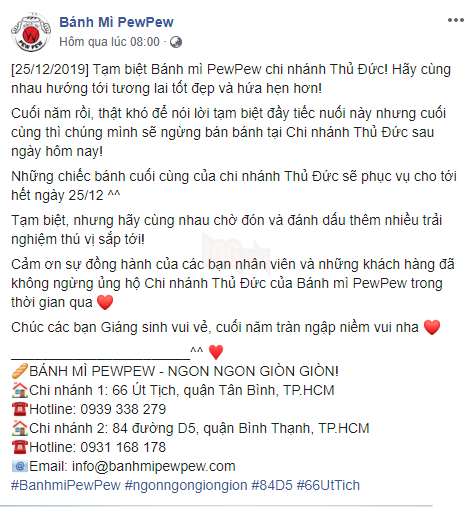 PewPew đóng cửa cơ sở bánh mì tại Thủ Đức, lý do là vì đâu?