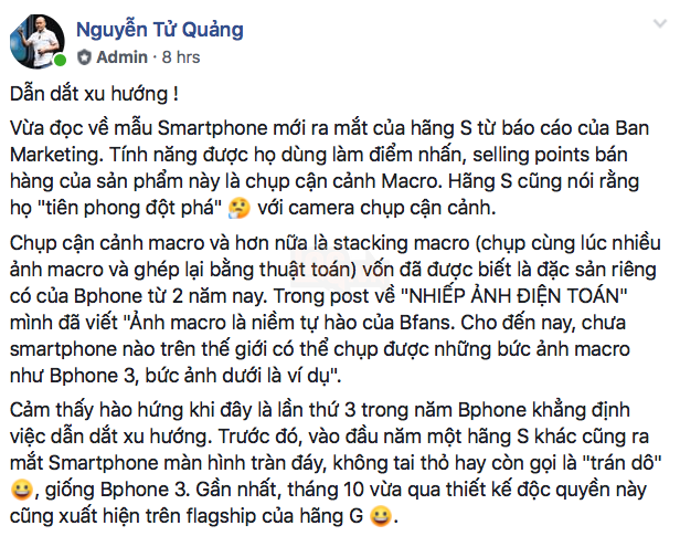 Nguyễn Tử Quảng: Bphone là smartphone dẫn dắt xu hướng, đi trước cả hãng S và hãng G 