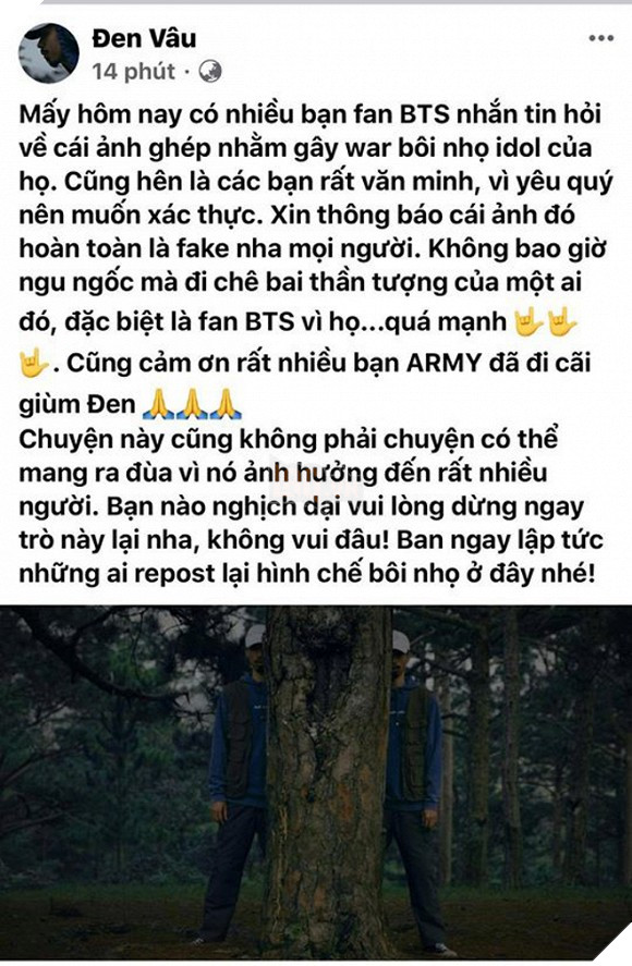 Bị ghép ảnh cà khịa BTS, Đen Vâu vội vàng lên tiếng thanh minh, thừa nhận fan của BTS quá mạnh - Ảnh 4.