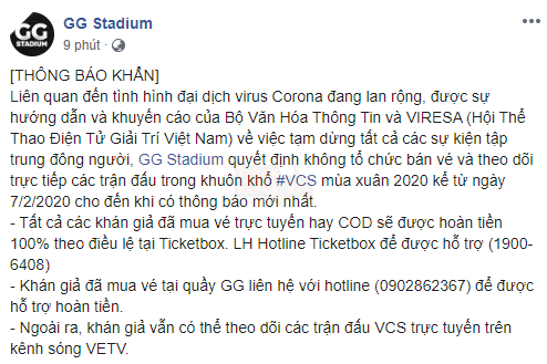 VCS Mùa Xuân 2020 chính thức ngưng bán vé để phòng bệnh Viêm phối do virus Corona đang hoành hành