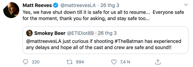 The Batman tạm ngưng sản xuất do Covid-19, đạo diễn cập nhật sức khoẻ ekip trên Twitter