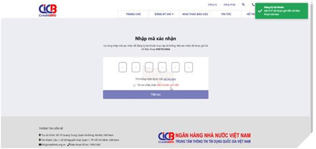 nhập mã OTP đăng ký CIC