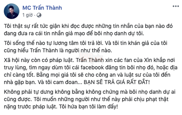 Bị tung tin đồn thất thiệt, Trấn Thành phẫn nộ lên tiếng: “Sẽ cho công an và luật sư của tôi đến tìm bạn! - Ảnh 2.