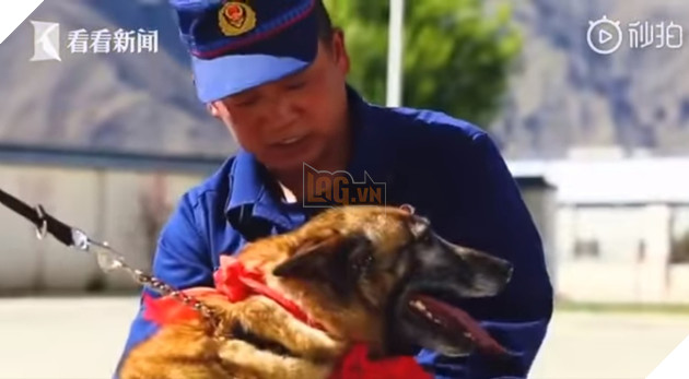  
Người huấn luyện ôm chú chó của mình. (Ảnh cắt từ clip)