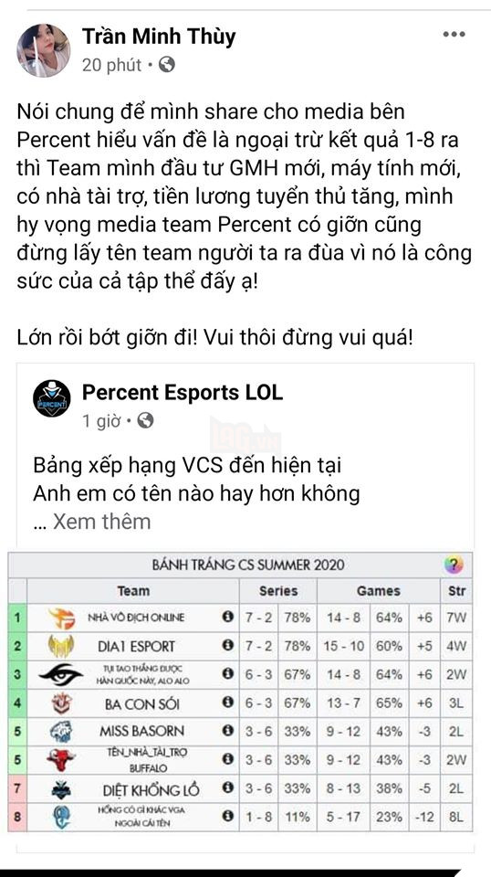 Quản lý Percent Esports lên tiếng xin lỗi Optimus sau bài đăng cà khịa chế tên OPG và các đội VCS - Ảnh 2.