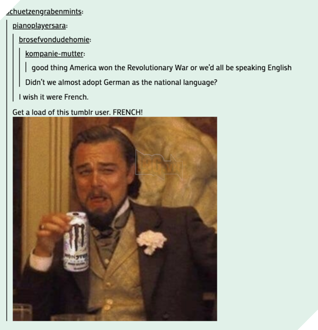 schuetzengrabenmints: pianoplayersara: brosefvondudehomie: kompanie-mutter: | good thing America won the Revolutionary War or we'd all be speaking English Didn't we almost adopt German as the national language? I wish it were French. Get a load of this tumblr user. FRENCH! Leonardo DiCaprio Text