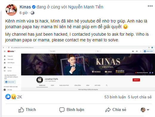 Youtuber Liên Quân nổi tiếng Kinas bị hack kênh tiền tỷ - Ảnh 2.
