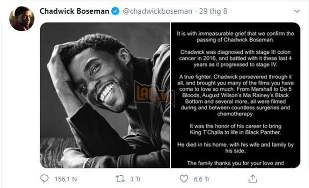 Bài tweet cuối cùng của Chadwick Boseman lập kỷ lục lịch sử mới của Twitter