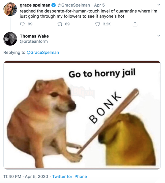 grace spelman reached the desperate-for-human-touch level of quarantine where l'm just going through my followers to see if anyone's hot @GraceSpelman · Apr 5 99 27 69 3.2K Thomas Wake @proteanform Replying to @GraceSpelman Go to horny jail BONK 11:40 PM · Apr 5, 2020 · Twitter for iPhone Canidae Shiba inu Dog breed
