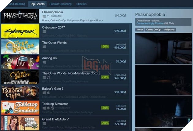 Phasmophobia vượt mặt hàng loạt ông lớn trên Steam