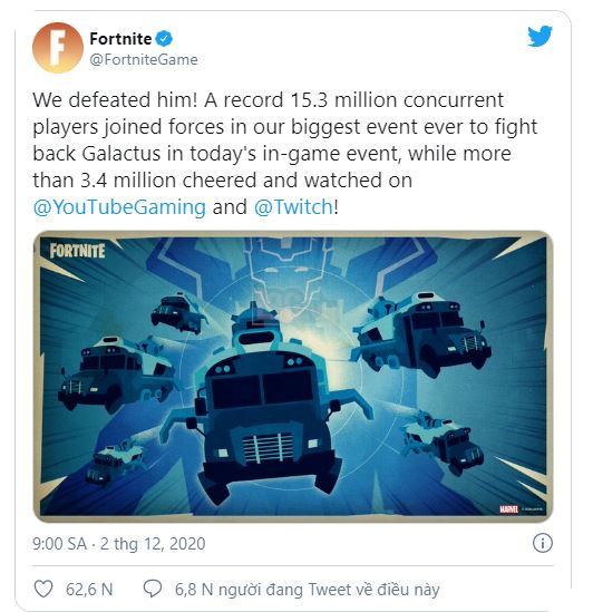 Đã có hơn 15 triệu game thủ đích thân tiêu diệt Galactus trong sự kiện mới nhất của Fortnite