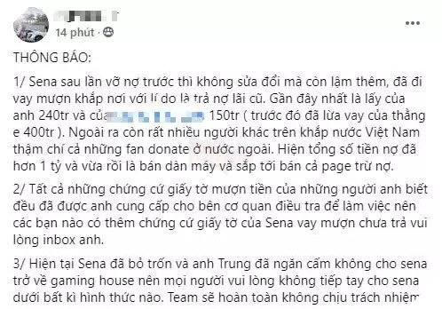 LMHT: Sena lại vướng phải nợ nần vì cờ bạc với số tiền gần cả tỷ đồng, SBTC tuyên bố không còn quan hệ với nam streamer này