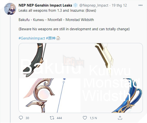 Rò rì tạo hình của hàng chục món vũ khí có thể sẽ xuất hiện tại phiên bản 1.3 của Genshin Impact