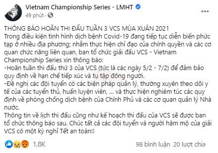 LMHT: VCS Mùa Xuân 2021 sẽ tạm hoãn vì tình hình dịch bệnh đang trở nên căng thẳng