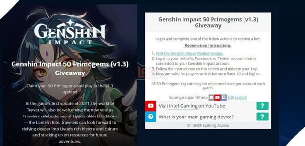 Genshin Impact: Đổi mã mới để nhận 50 Primogems từ chương trình Giveaway của Intel 4