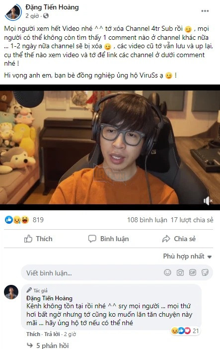 ViruSs bất ngờ xóa kênh Youtube 4 triệu người theo dõi của mình, khẳng định đây không phải trò đùa Cá Tháng Tư