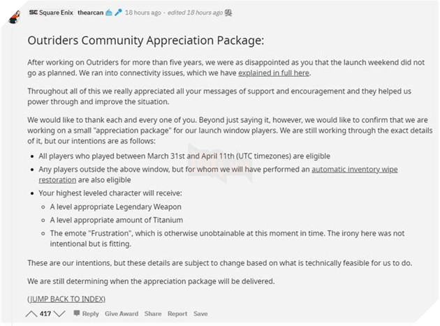 Outriders lên kế hoạch khắc phục túi đồ người chơi kèm quà tạ lỗi  3