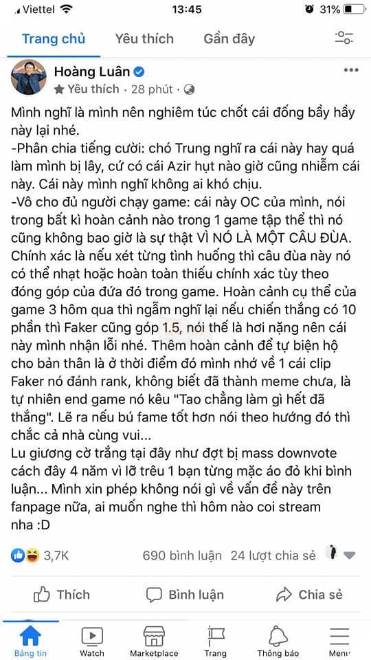 BLV Hoàng Luân bị khóa Page 24h vì drama cho rằng Faker vào chi cho đủ đội hình 3