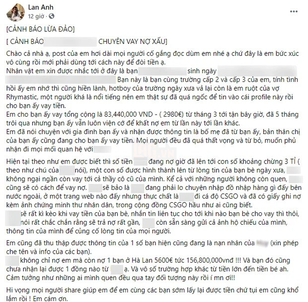 Em vợ của một nam rapper nổi tiếng bất ngờ bị tố vay tiền cá độ game lên đến hàng tỷ đồng