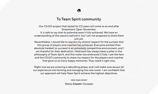 Team Spirit chia tay đội hình CS:GO sau giải đấu Dreamhack Open sắp tới 2