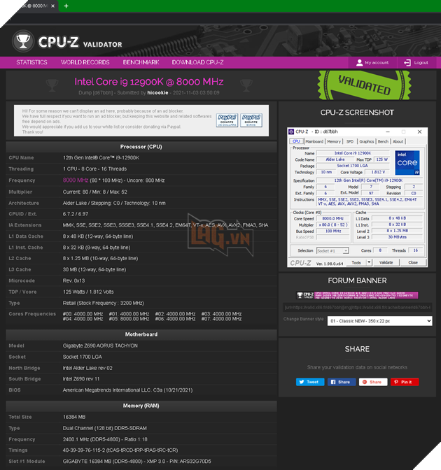 Core i9-12900K của Intel được đẩy lên 8 GHz cùng với bộ nhớ DDR5 khi được ép xung 3