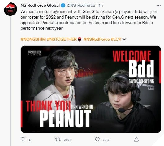 LMHT: Gen.G hoàn tất thương vụ trao đổi Bdd và Peanut với Nongshim RedForce 2