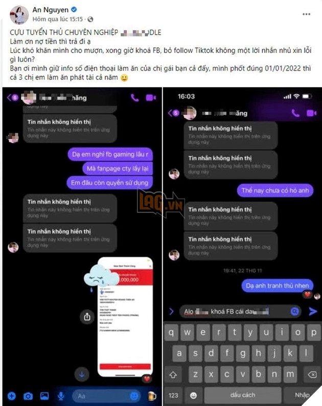 Nữ streamer bất ngờ tố cựu tuyển thủ Liên Quân Mobile nợ tiền, khóa cả Facebook để trốn nợ