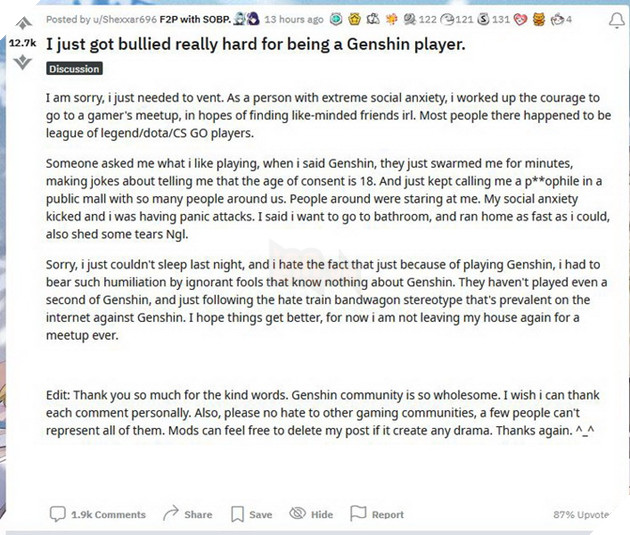 Game thủ bị cộng đồng game toxic khác kì thị chỉ vì mình chơi Genshin Impact 2