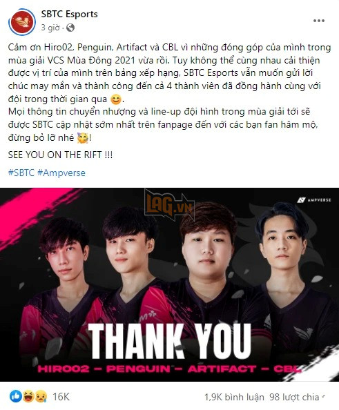 LMHT: SBTC Esports nói lời chia tay 4/5 thành viên trong đội, hứa hẹn giải mùa xuân bùng nổ hơn