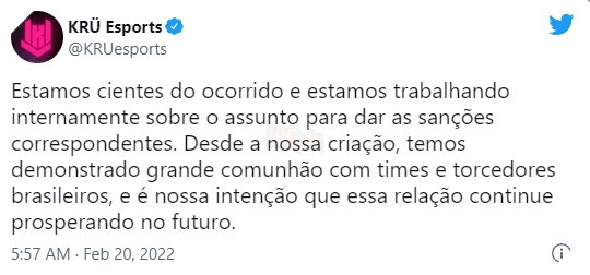 KRÜ Esports bị cấm chơi ở server tập luyện Brazil vì một tuyển thủ có lời nói phân biệt chủng tộc 3