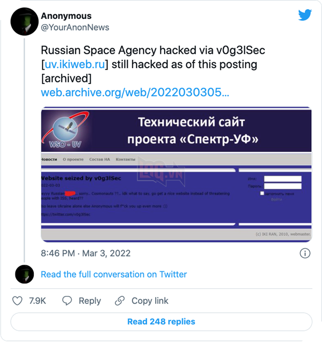 Nhóm hacker Anonymous xâm nhập và làm rò rỉ trang web nghiên cứu vệ tinh của Nga 3