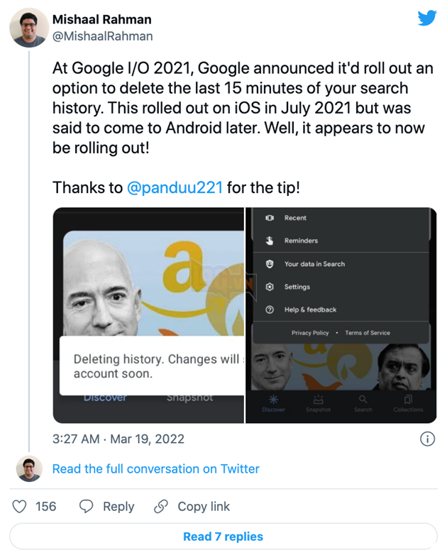 Google cập nhật tính năng Xoá 15 phút vừa qua trên lích sử tìm kiếm Android 2