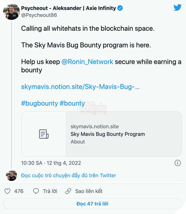 Sky Mavis treo tiền thưởng 1 triệu USD cho ai tìm được lỗ hổng sau vụ hack cầu Ronin  2
