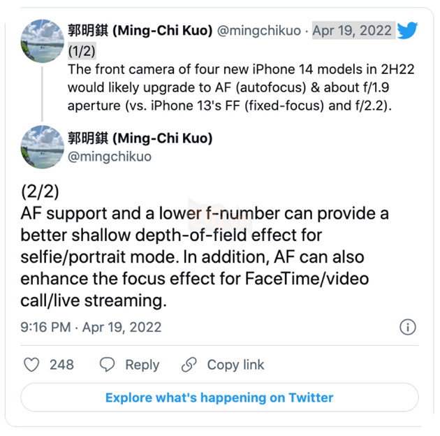 iPhone 14 sẽ được trang bị camera selfie tự động lấy nét với khẩu độ rộng hơn 3