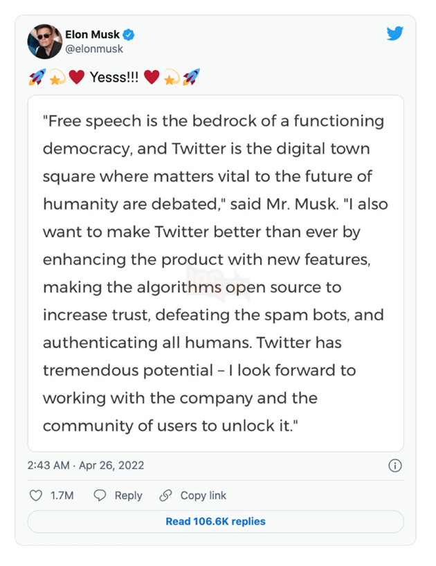 Elon Musk mua Twitter với giá 44 tỷ USD