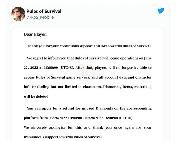 rules of survival chính thức đóng cửa