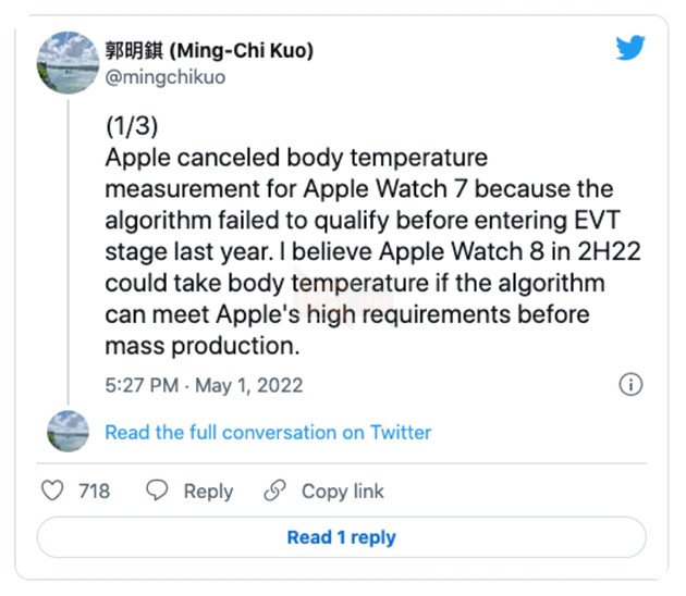 Kuo tiết lộ Apple Watch Series 8 sẽ có cảm biến nhiệt độ