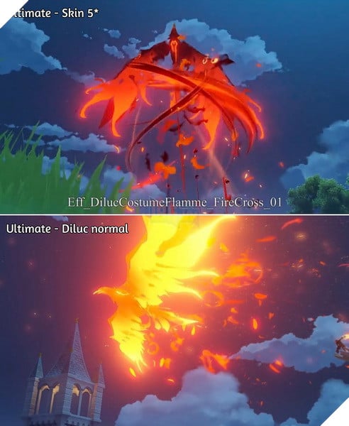 Genshin Impact: So sánh hiệu ứng kĩ năng Trang phục mới của Diluc và skin mặc định 5