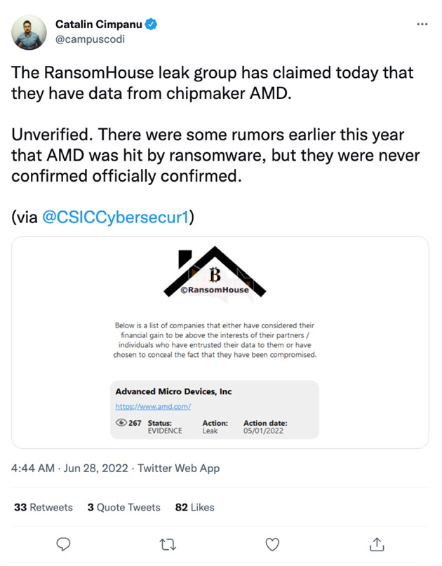 Nhóm hacker RansomHouse tuyên bố đã đánh cắp hàng trăm Gb dữ liệu nhạy cảm của AMD 3