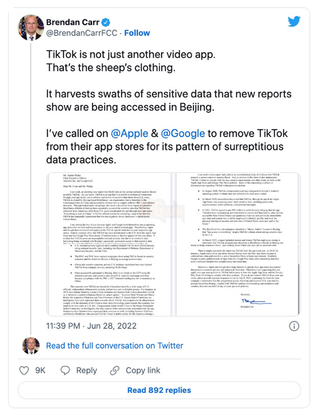 Nghị sĩ Mỹ kêu gọi Google và Apple xoá TikTok khỏi kho ứng dụng công ty 