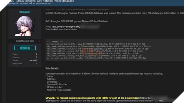 Một hacker tuyên bố đã lấy được dữ liêu của 1 tỷ người dân Trung Quốc