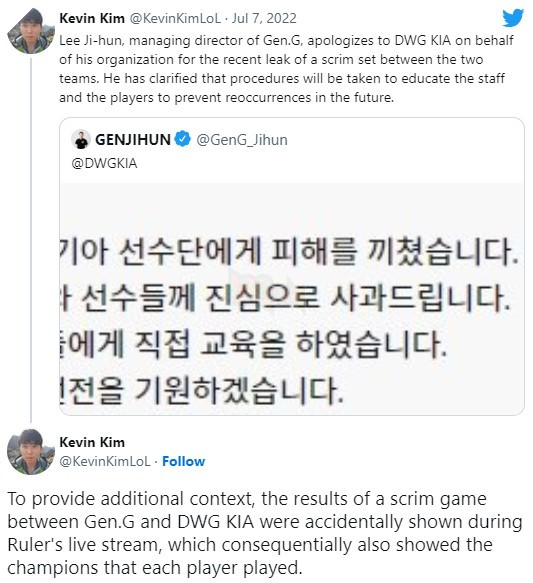Gen.G xin lỗi DK vì để lộ kết quả đấu tập của hai đội