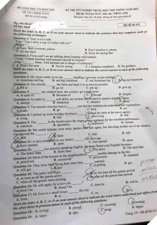 Đáp án Đề Thi tốt nghiệp môn Ngoại Ngữ Anh năm 2022 THPT Quốc gia chi tiết tất cả mã đề 2