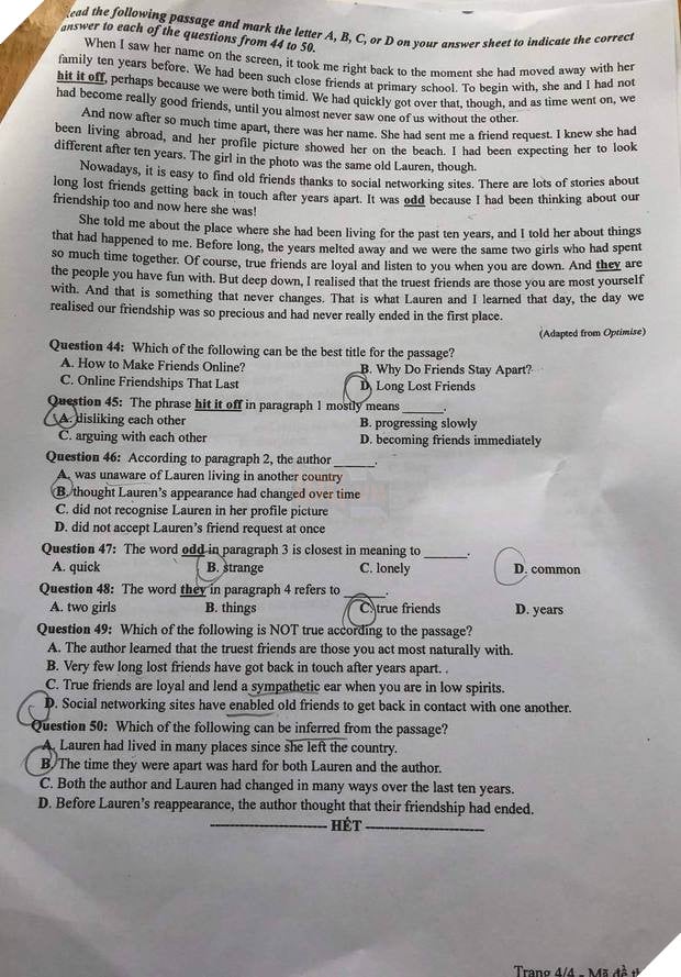 Đáp án Đề Thi tốt nghiệp môn Ngoại Ngữ Anh năm 2022 THPT Quốc gia chi tiết tất cả mã đề 5